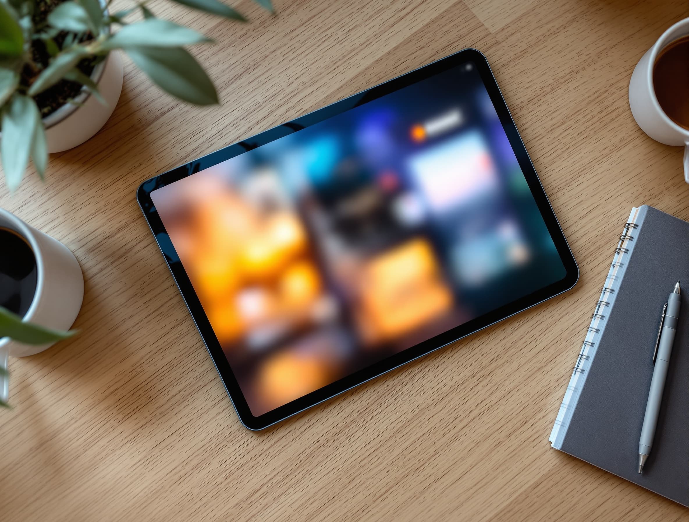 Tablet mit Live-Dashboard auf einem Holztisch