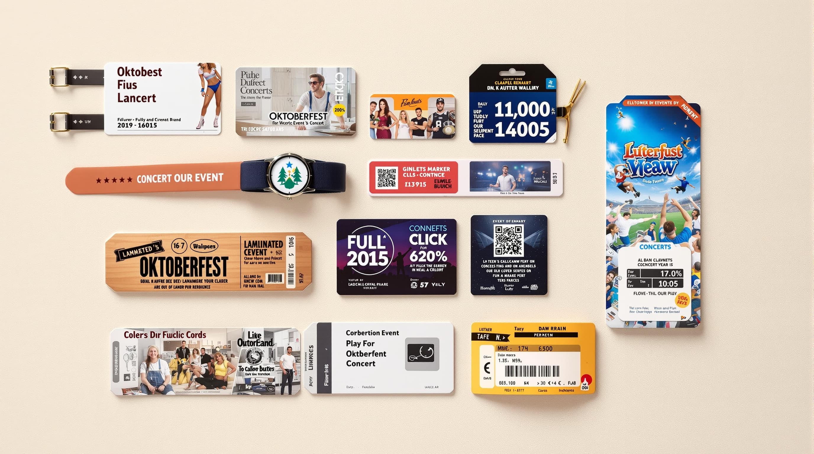 Verschiedene Event-Bändchen und Pässe im Flatlay