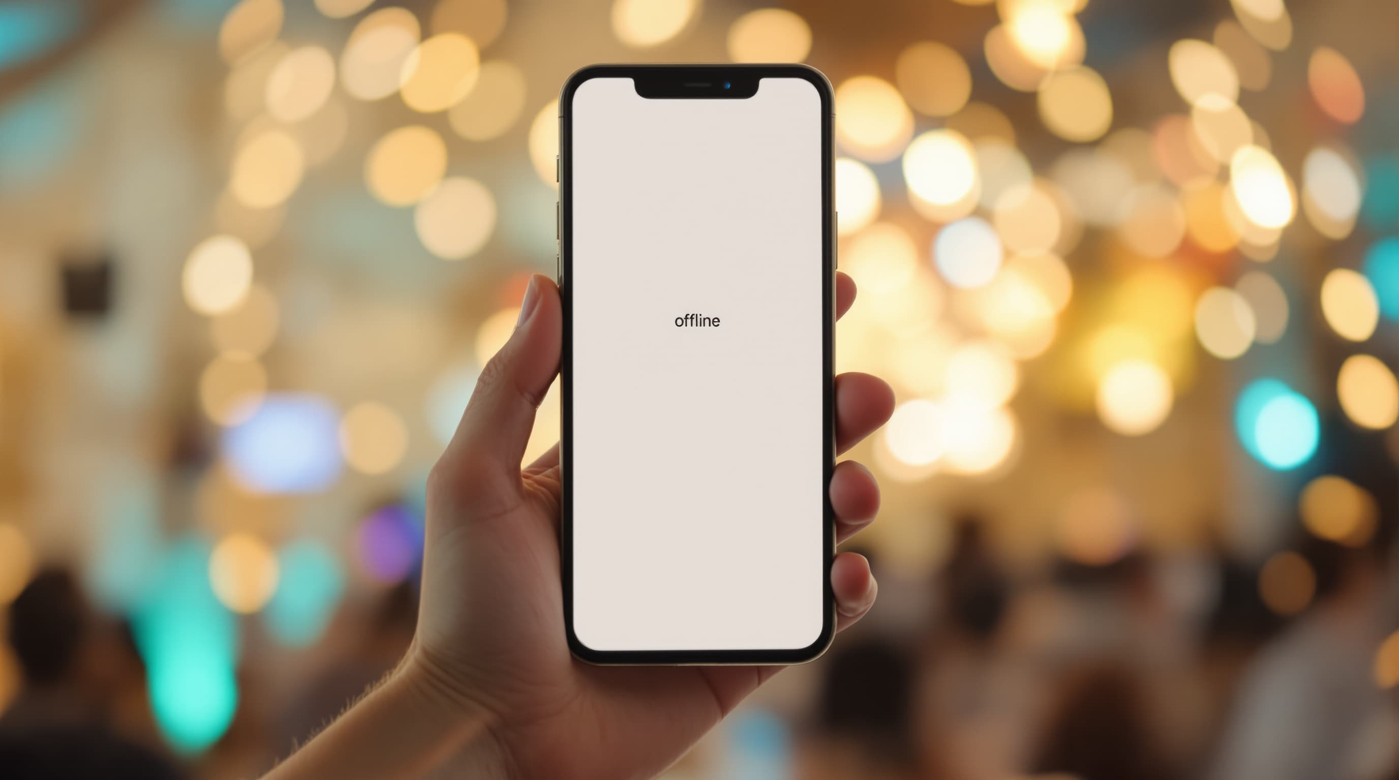 Hand mit Smartphone in Bierzelt-Atmosphäre, Bokeh-Lichter im Hintergrund