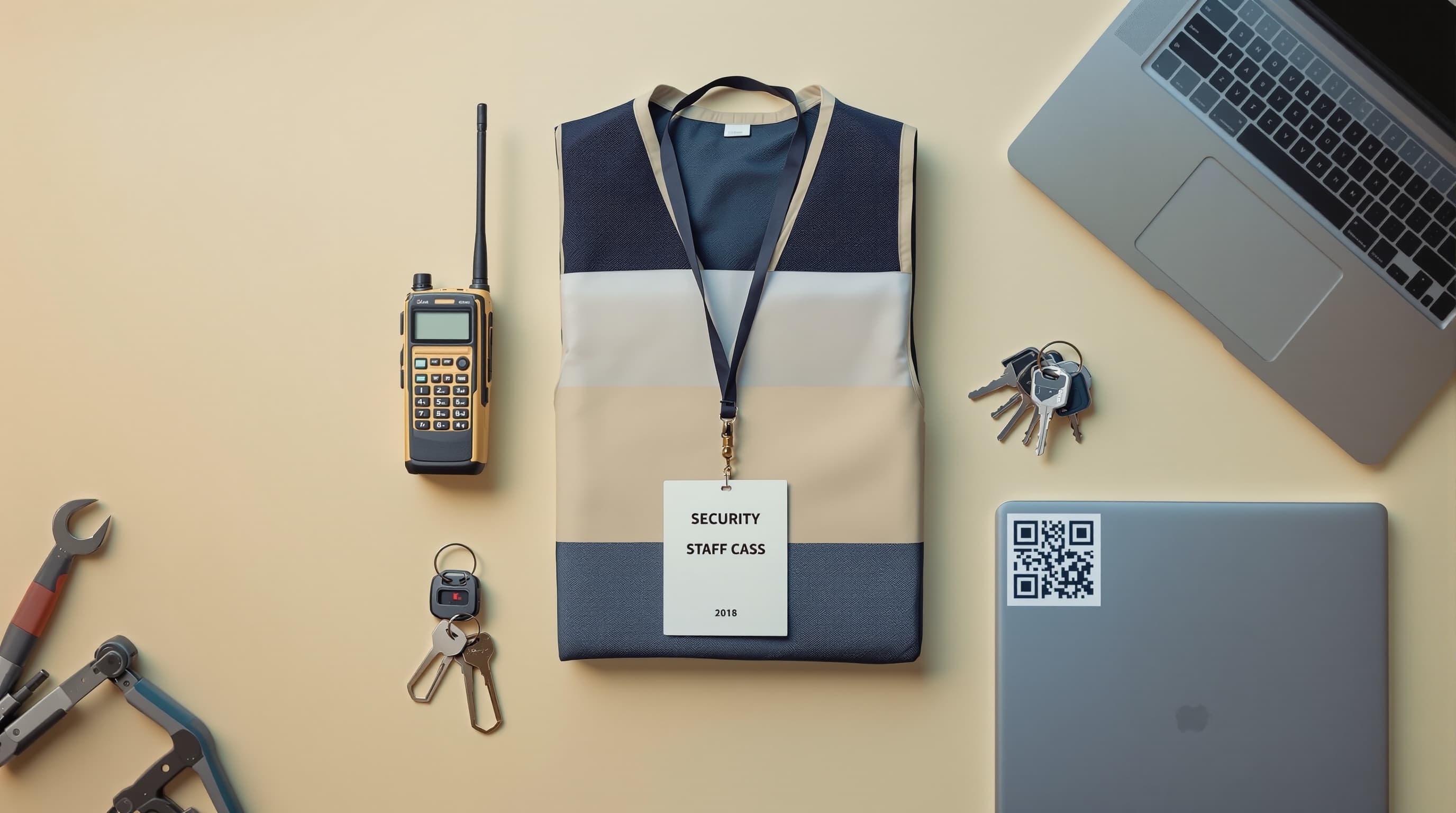 Verschiedenes Equipment: Funkgerät, Security-Weste mit Pass, Schlüssel, Notebook, Werkzeug