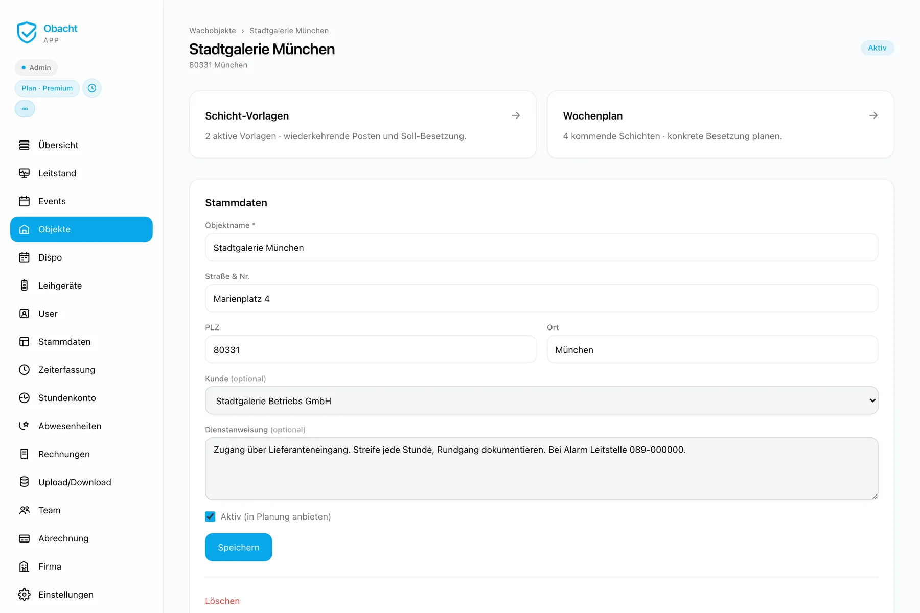 Standort-Detail mit Adresse, Kunde und Dienstanweisung