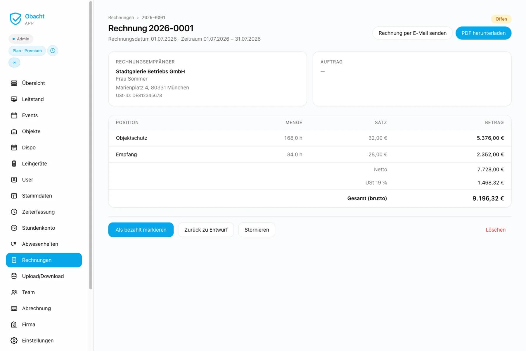 Kundenrechnung mit Positionen, Netto, USt und Bruttobetrag
