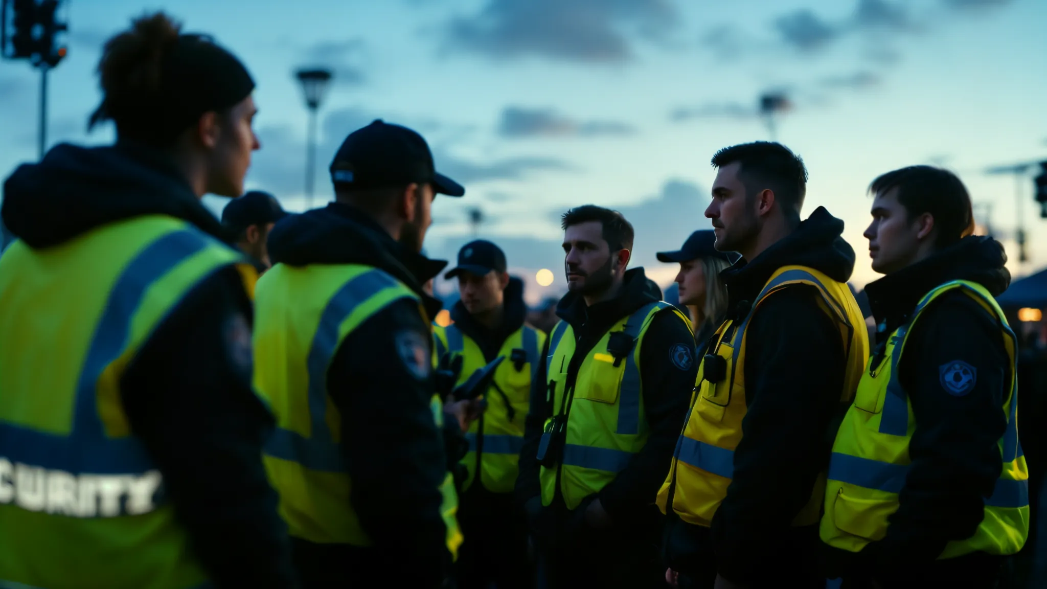 Security-Team im Briefing vor Schichtbeginn in der Dämmerung